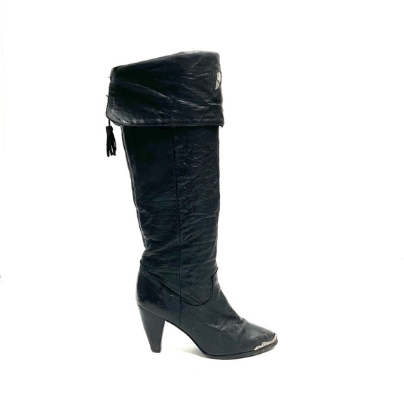 ZODIACVintage 1980s black leather knee high fold over inlay heeled boots